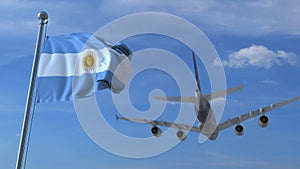 Commercial airplane landing behind waving Argentinian flag. Travel to Argentina conceptual 3D rendering