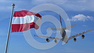Commercial airplane landing behind waving Austrian flag. Travel to Austria conceptual 3D rendering