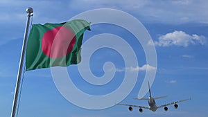 Commercial airplane landing behind waving Bangladeshi flag. Travel to Bangladesh conceptual 3D rendering