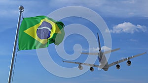 Commercial airplane landing behind waving Brazilian flag. Travel to Brazil conceptual 3D rendering