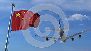 Commercial airplane landing behind waving Chinese flag. Travel to China conceptual 3D rendering