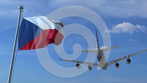 Commercial airplane landing behind waving Czech flag. Travel to the Czech Republic conceptual 3D rendering