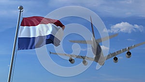 Commercial airplane landing behind waving Dutch flag. Travel to the Netherlands conceptual 3D rendering