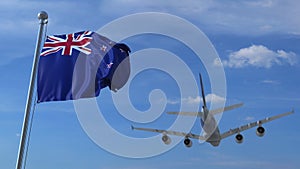 Commercial airplane landing behind waving flag. Travel to New Zealand conceptual 3D rendering