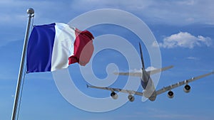 Commercial airplane landing behind waving French flag. Travel to France conceptual 3D rendering