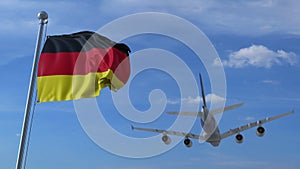 Commercial airplane landing behind waving German flag. Travel to Germany conceptual 3D rendering