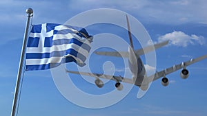 Commercial airplane landing behind waving Greek flag. Travel to Greece conceptual 3D rendering