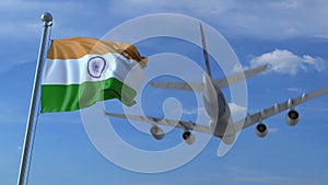 Commercial airplane landing behind waving Indian flag. Travel to India conceptual 3D rendering