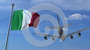 Commercial airplane landing behind waving Italian flag. Travel to Italy conceptual 3D rendering