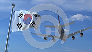 Commercial airplane landing behind waving Korean flag. Travel to South Korea conceptual 3D rendering