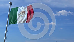 Commercial airplane landing behind waving Mexican flag