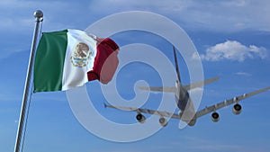 Commercial airplane landing behind waving Mexican flag. Travel to Mexico conceptual 3D rendering