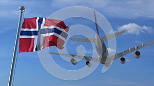Commercial airplane landing behind waving Norwegian flag. Travel to Norway conceptual 3D rendering