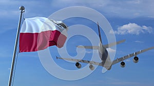 Commercial airplane landing behind waving Polish flag. Travel to Poland conceptual 3D rendering