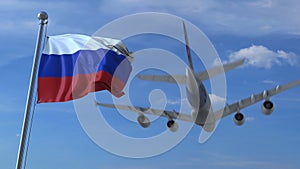 Commercial airplane landing behind waving Russian flag. Travel to Russia conceptual 3D rendering