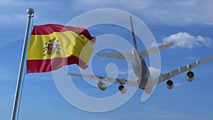 Commercial airplane landing behind waving Spanish flag. Travel to Spain conceptual 3D rendering