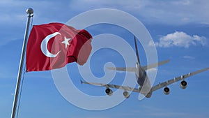 Commercial airplane landing behind waving Turkish flag. Travel to Turkey conceptual 3D rendering