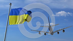 Commercial airplane landing behind waving Ukrainian flag. Travel to Ukraine conceptual 3D rendering