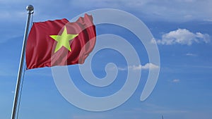Commercial airplane landing behind waving Vietnamese flag. Travel to Vietnam conceptual animation