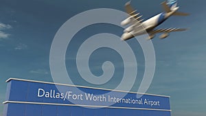 Commercial airplane landing at Dallas Fort Worth International Airport 3D rendering