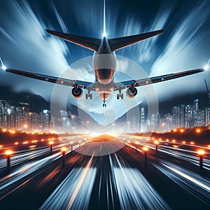 commercial airplane nighttime landing photo