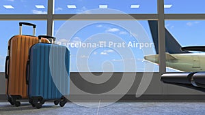 Commercial airplane reveals Barcelona-el Prat airport text in the window of terminal. 3d rendering
