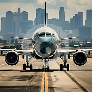 Commercial airplane on runway with city in the background