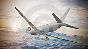 Commercial airplane in the sky flying above the clouds. 3D illustration