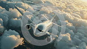 A commercial airplane soaring above the clouds during sunset