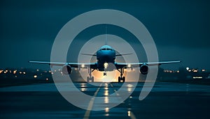 A commercial airplane taking off at dusk, illuminated by technology generated by AI