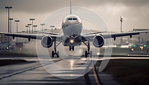 Commercial airplane taking off at dusk, leaving wet airport runway generated by AI