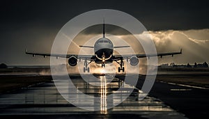 Commercial airplane taking off at dusk, soaring through the blue sky generated by AI