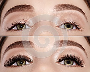 Commercial beauty college of before and after eyelash extensions. Perfect shape of eyebrows, extreme long eyelashes