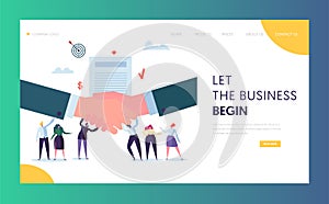 Commercial Business Cooperation Concept Landing Page. People Character Stand on Businessman Shaking Hand. Trust Partnership Symbol