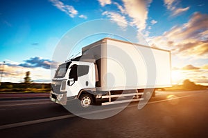 Commercial cargo delivery truck with blank white trailer driving on highway.