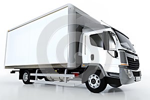 Commercial cargo delivery truck with blank white trailer. Generic, brandless design.