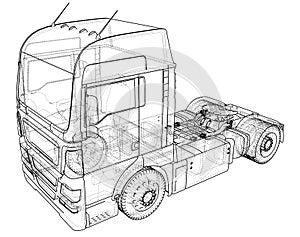 Commercial cargo delivery truck. Isolated. Created illustration of 3d. Wire-frame.