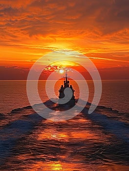 Commercial cargo ship sailing on a calm sea as the sun sets, painting the sky with vibrant oranges and reds