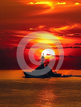 Commercial cargo ship sailing on a calm sea as the sun sets, painting the sky with vibrant oranges and reds