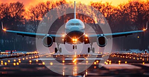 A commercial civil aircraft lands on the runway at the airport. Travel and transport concept - AI generated image