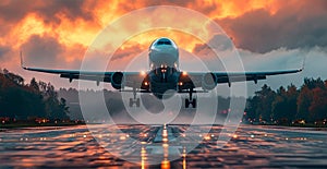 A commercial civil aircraft lands on the runway at the airport. Travel and transport concept - AI generated image