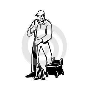 Commercial Cleaner or Janitor Mopping Cleaning Floor Retro Black and White