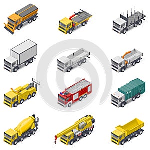 Commerciale costruzione un servizio camion isometrico impostato composto da icone 