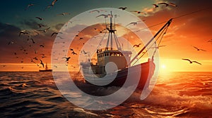 commercial deep sea trawler fishing boat evening sun.,AI, Generated, Generative