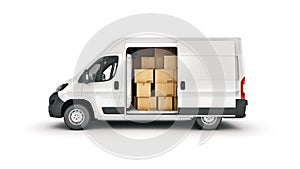 Commercial delivery vans with cardboard boxes.