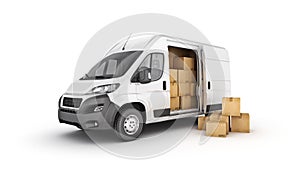 Commercial delivery vans with cardboard boxes.