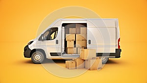 Commercial delivery vans with cardboard boxes.