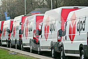 Commercial delivery vans in row. DPD company.