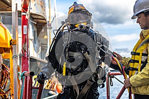 Commercial diver exiting water at harbor photo