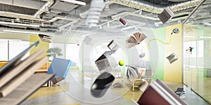 Commercial ffice workplace with flying objects photo